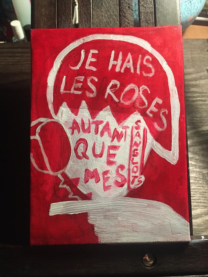 A painting in red and white of a crying person holding a rose with quote from Mozart l'Opéra Rock musical Je Dors Sur Des Roses.