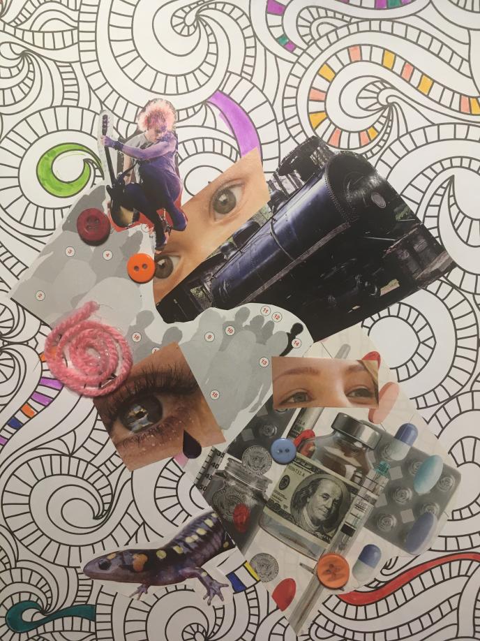An abstract collage with magazine clippings, rhinestones, and string.