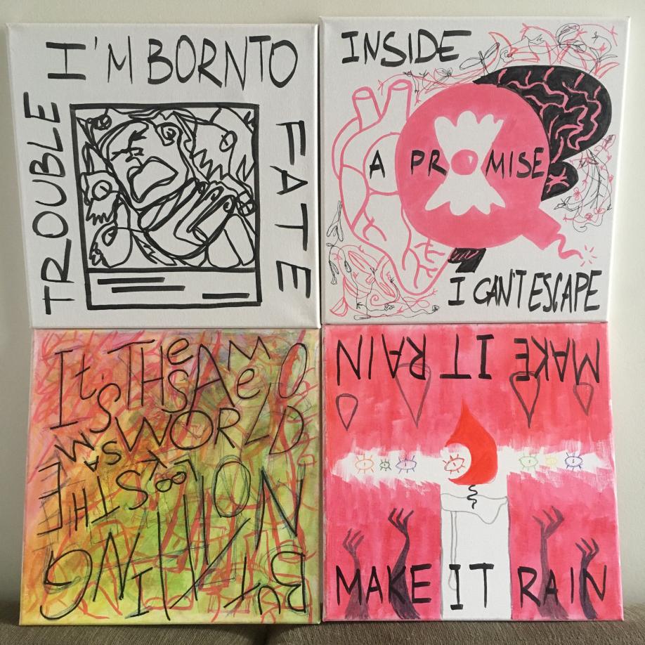Four canvases with paintings and drawings with quotes from Tom Waits' song Make It Rain.